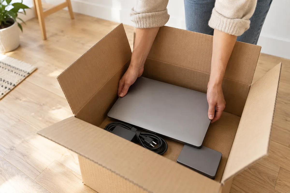 Mains posant un ordinateur portable fermé au fond d’un carton de déménagement brun