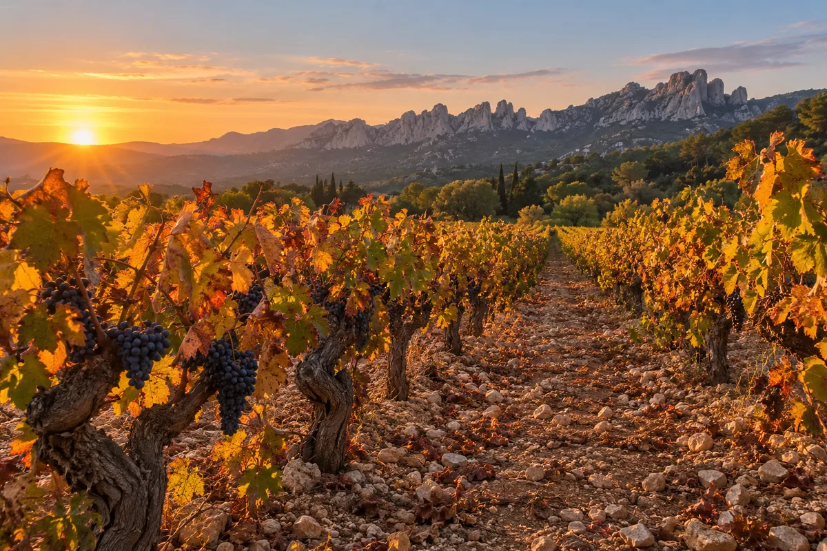 Rangs de vigne dorés par le soleil couchant au pied des Dentelles de Montmirail