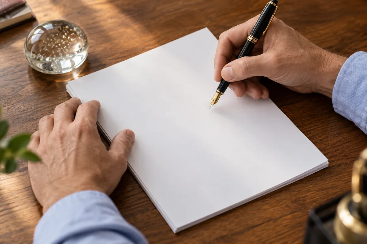 Mains tenant un stylo plume au-dessus d&rsquo;une liasse de feuilles blanches posée sur un bureau en bois