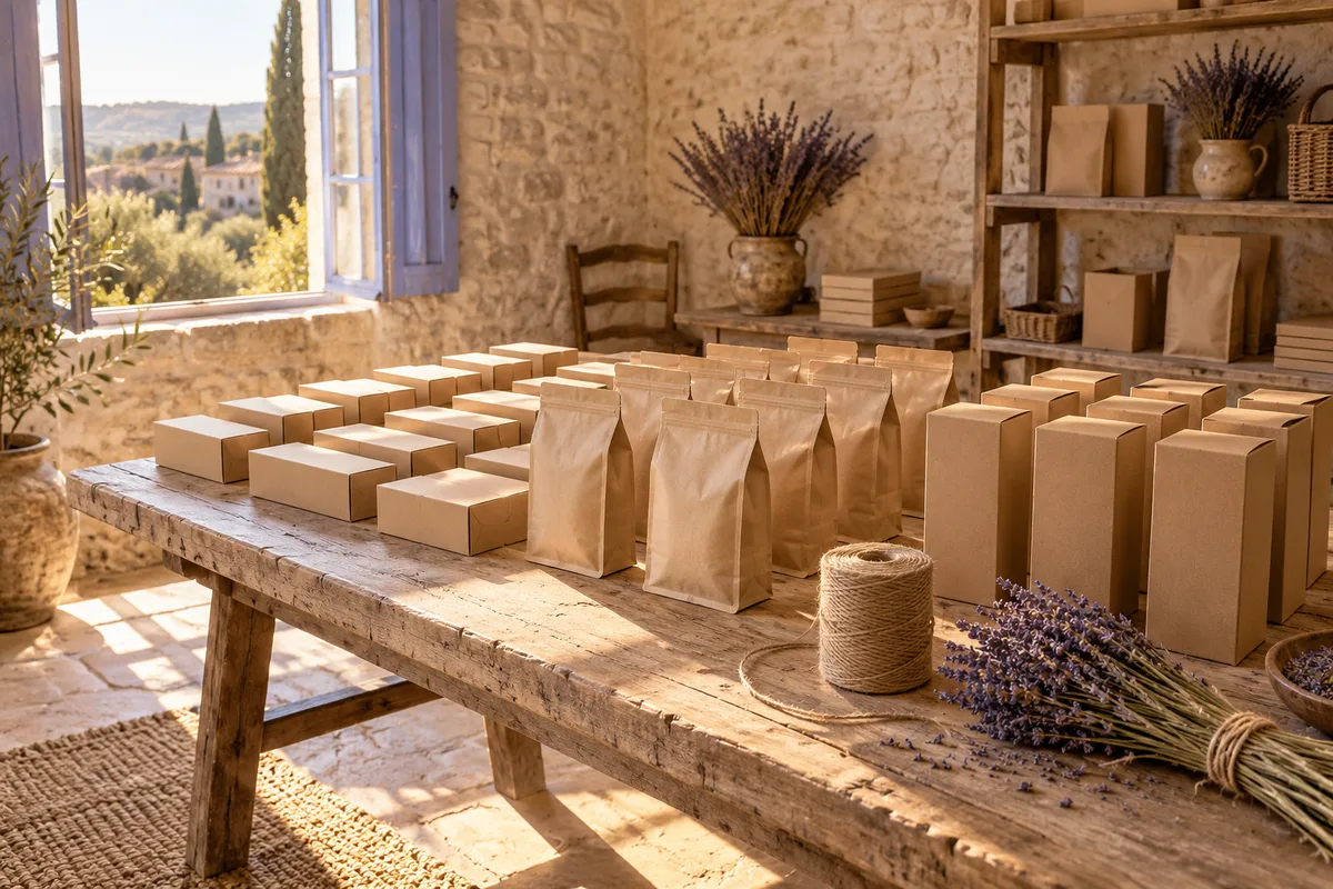 Table d&rsquo;atelier en bois et murs de pierre claire, boîtes et sachets kraft vierges alignés