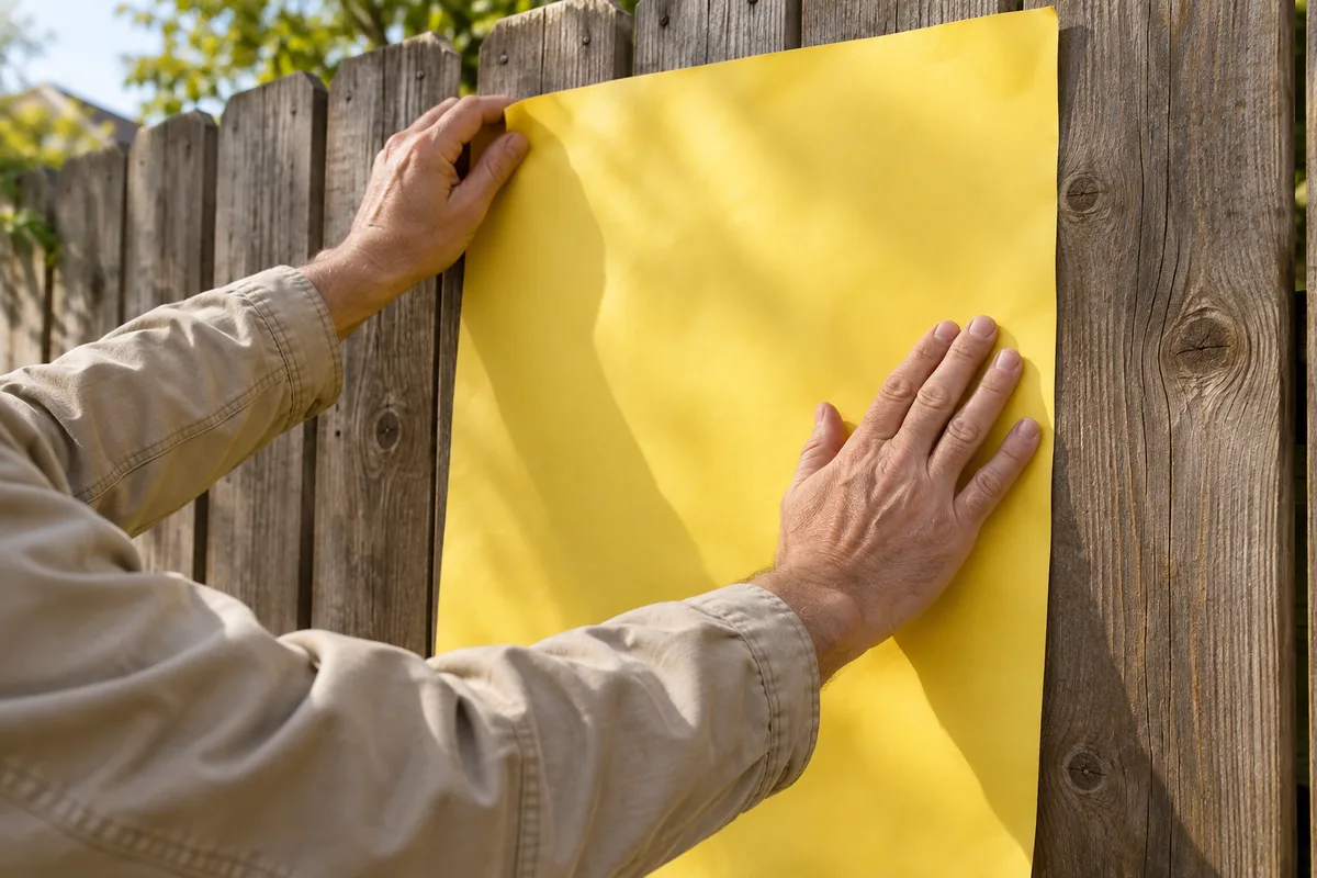 Mains d&rsquo;un colleur d&rsquo;affiches appliquant une grande feuille de papier jaune uni sur une palissade en bois