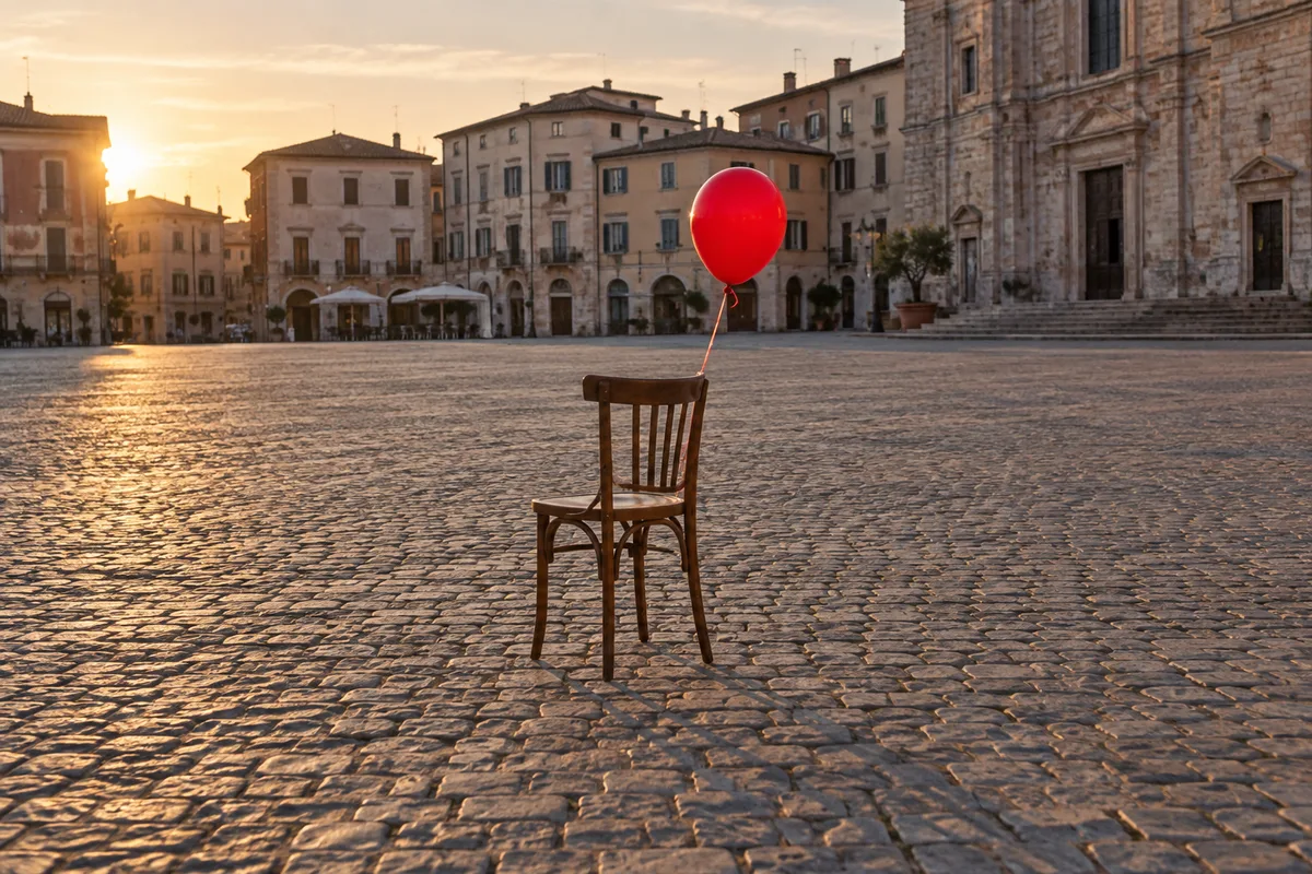 Ballon de baudruche rouge attaché à une chaise en bois au centre d&rsquo;une place pavée déserte