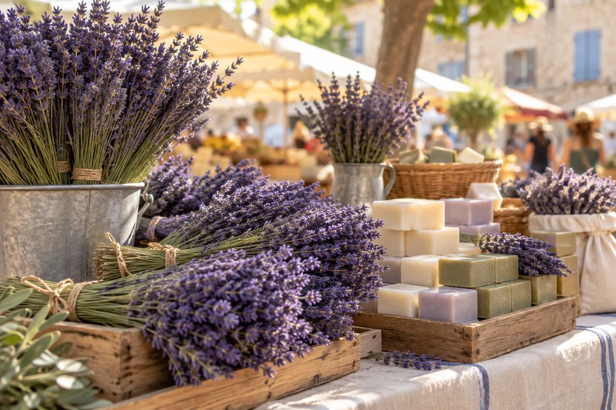 Étal de marché provençal avec des bouquets de lavande et des savons unis, lumière du matin