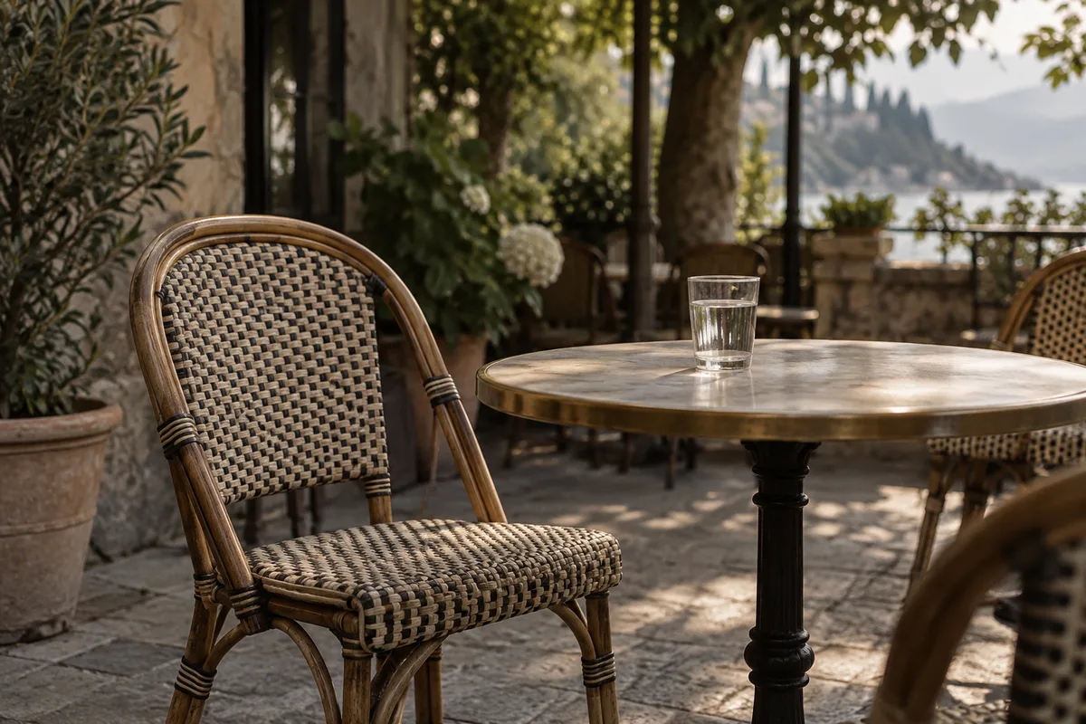Chaise de café en rotin sur une terrasse ombragée, table ronde vide avec un verre d’eau