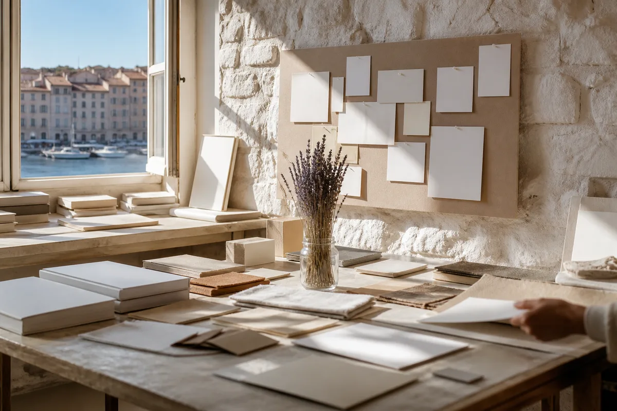 Réunion de travail autour de planches créatives dans un atelier lumineux du centre de Marseille