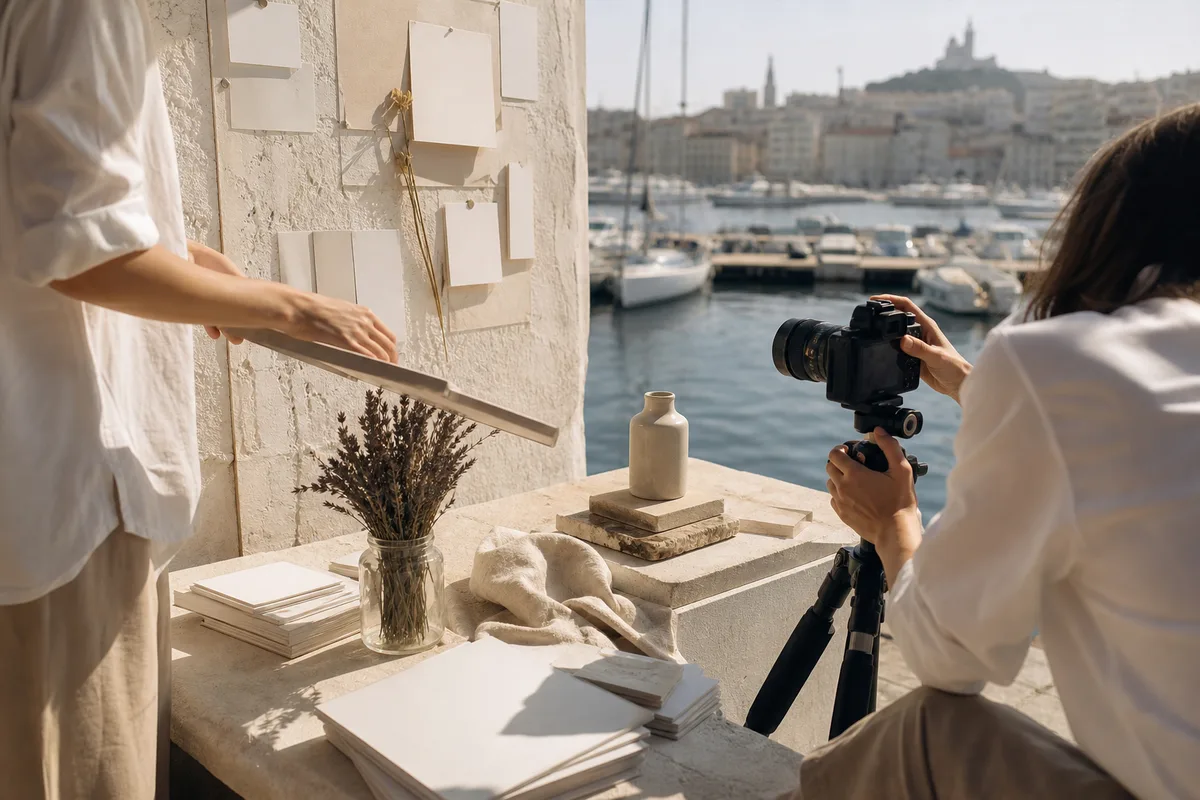 Créateurs de contenu filmant une séquence produit sur un quai du Vieux-Port marseillais
