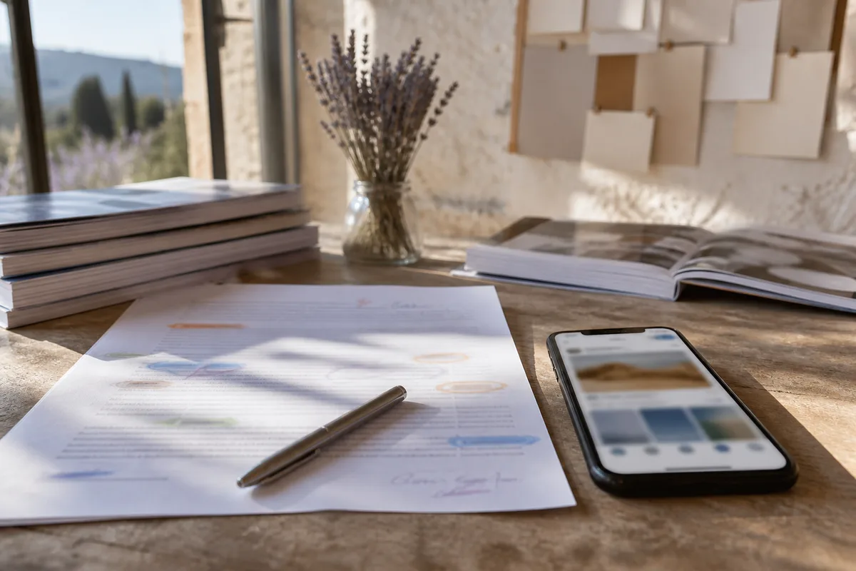 Contrat de collaboration commerciale annoté à côté d&rsquo;un smartphone affichant une publication sponsorisée