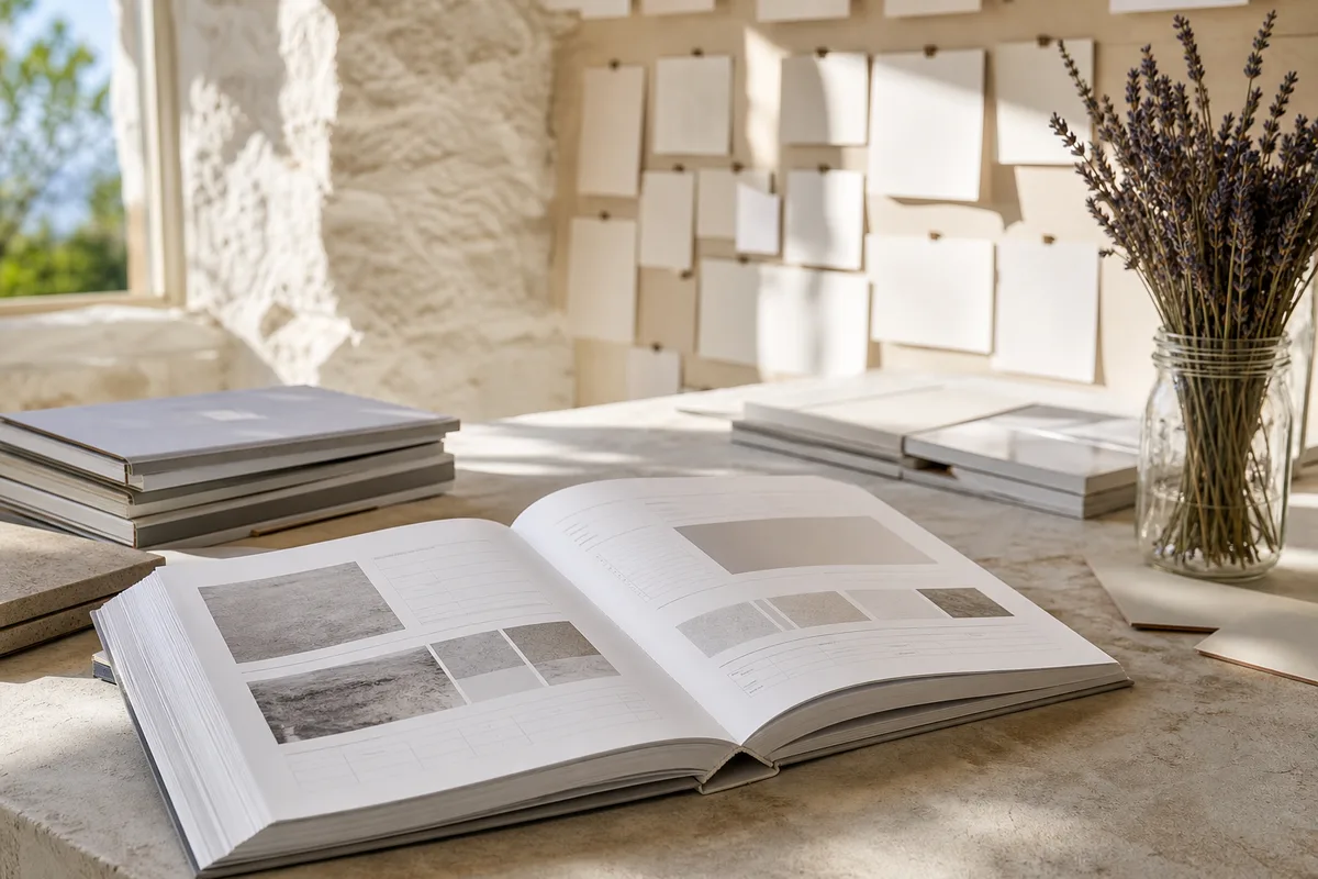 Pages d&rsquo;un catalogue produit ouvert sur une double page de fiches techniques