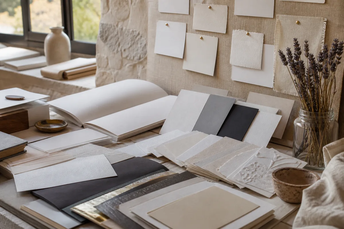 Échantillons de papiers et de finitions comparés sous une lumière de studio