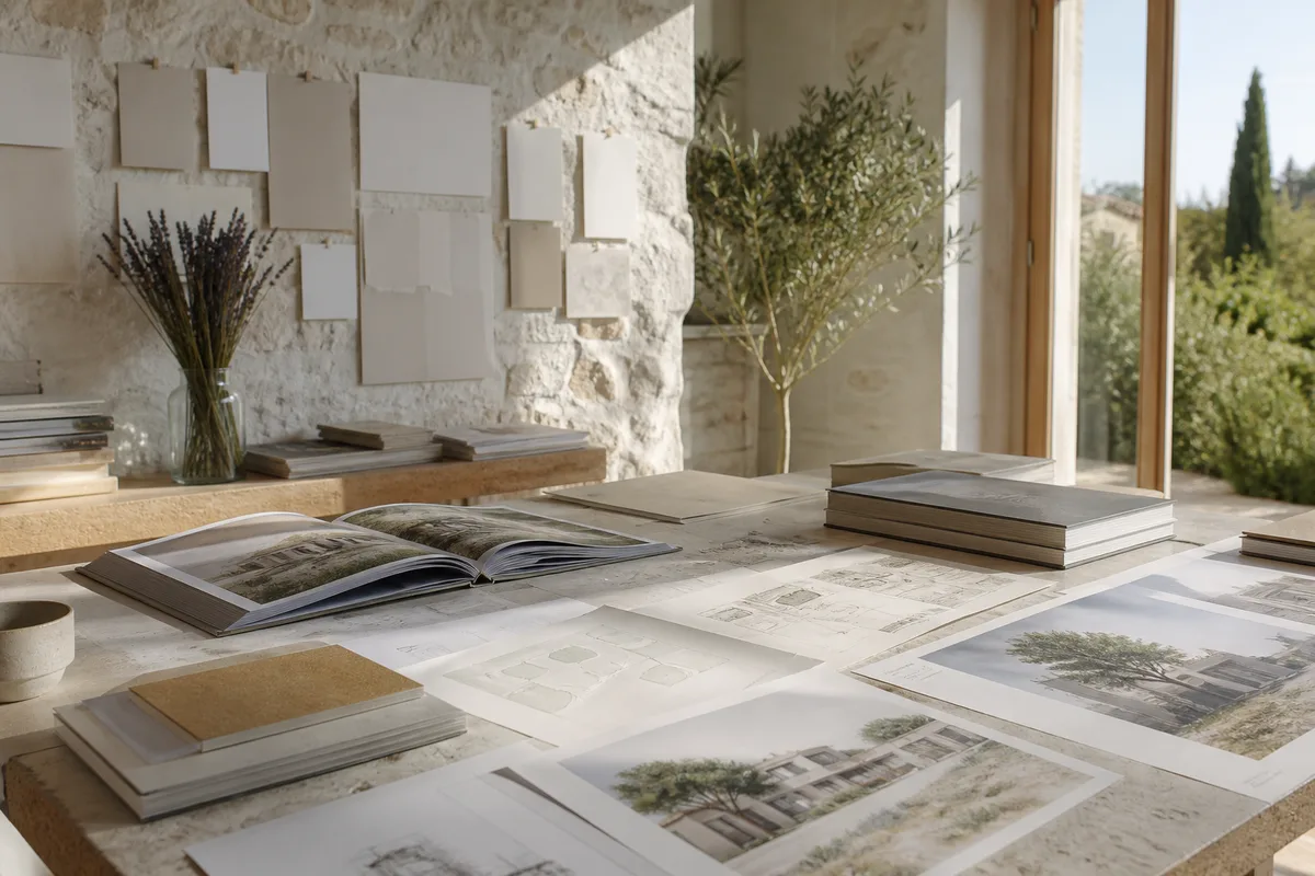 Documents commerciaux et perspectives d&rsquo;un programme immobilier étalés sur une table de présentation