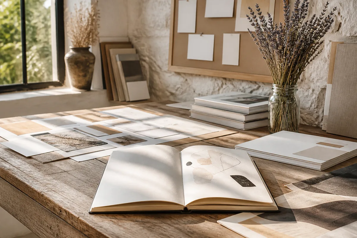 Plan éditorial annoté et carnet de notes sur un bureau de travail