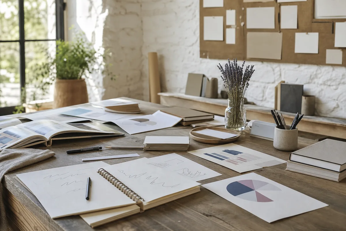 Séance de travail sur une campagne de visibilité avec graphiques et notes manuscrites
