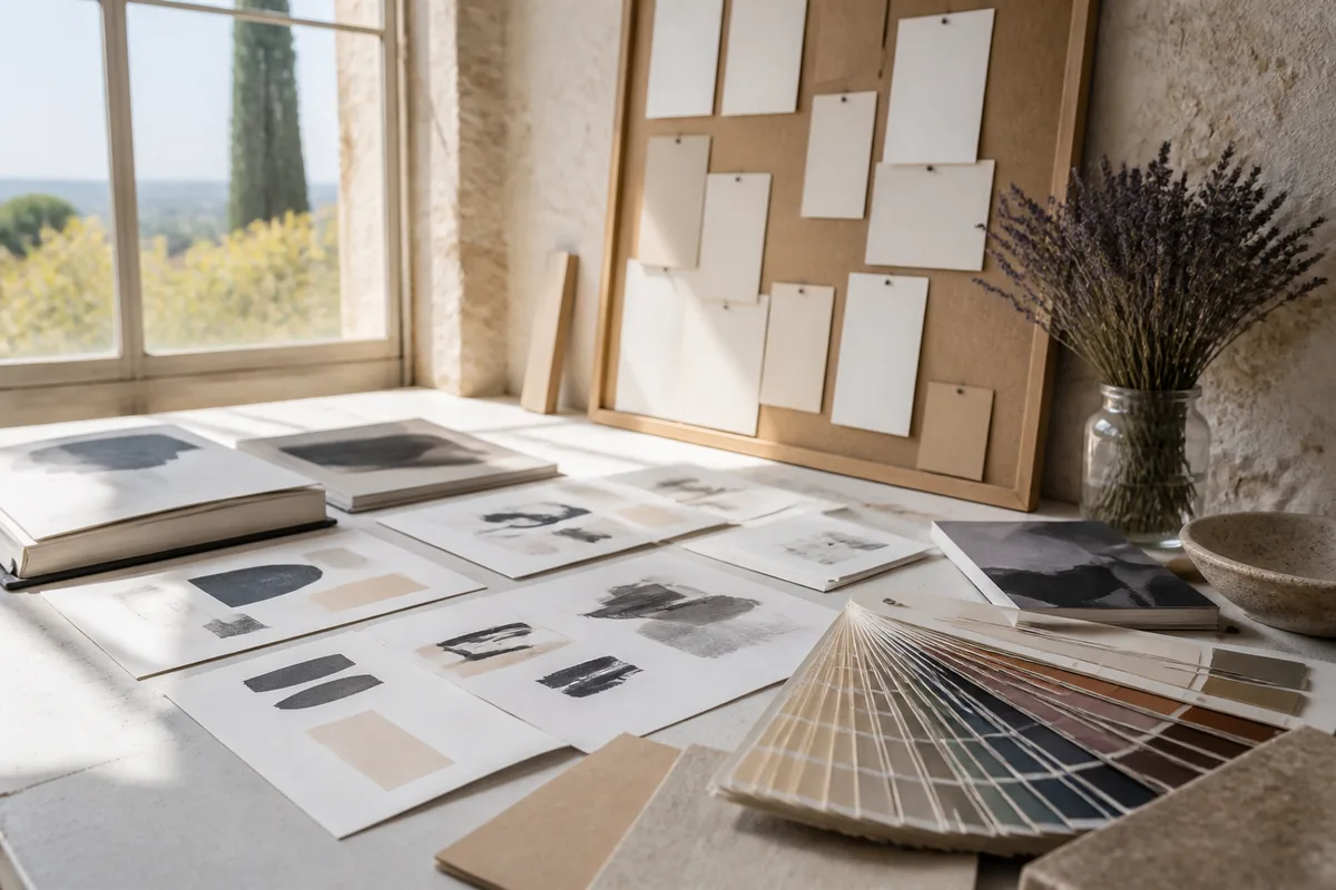 Planches de recherche typographique et nuancier posés sur une table de travail lumineuse
